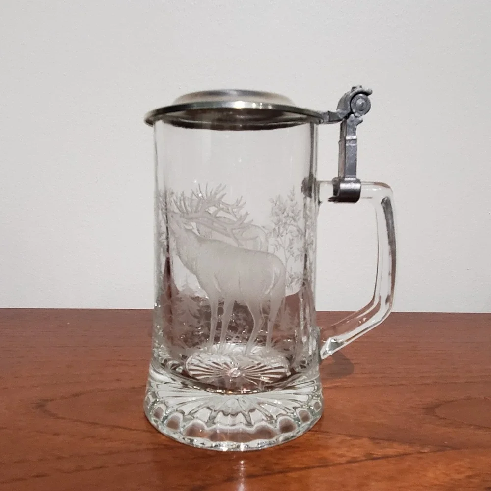 Vintage ALWE Etched Glass Beer Stein Marked W. Germany Pewter Lid Deer Elk Trees